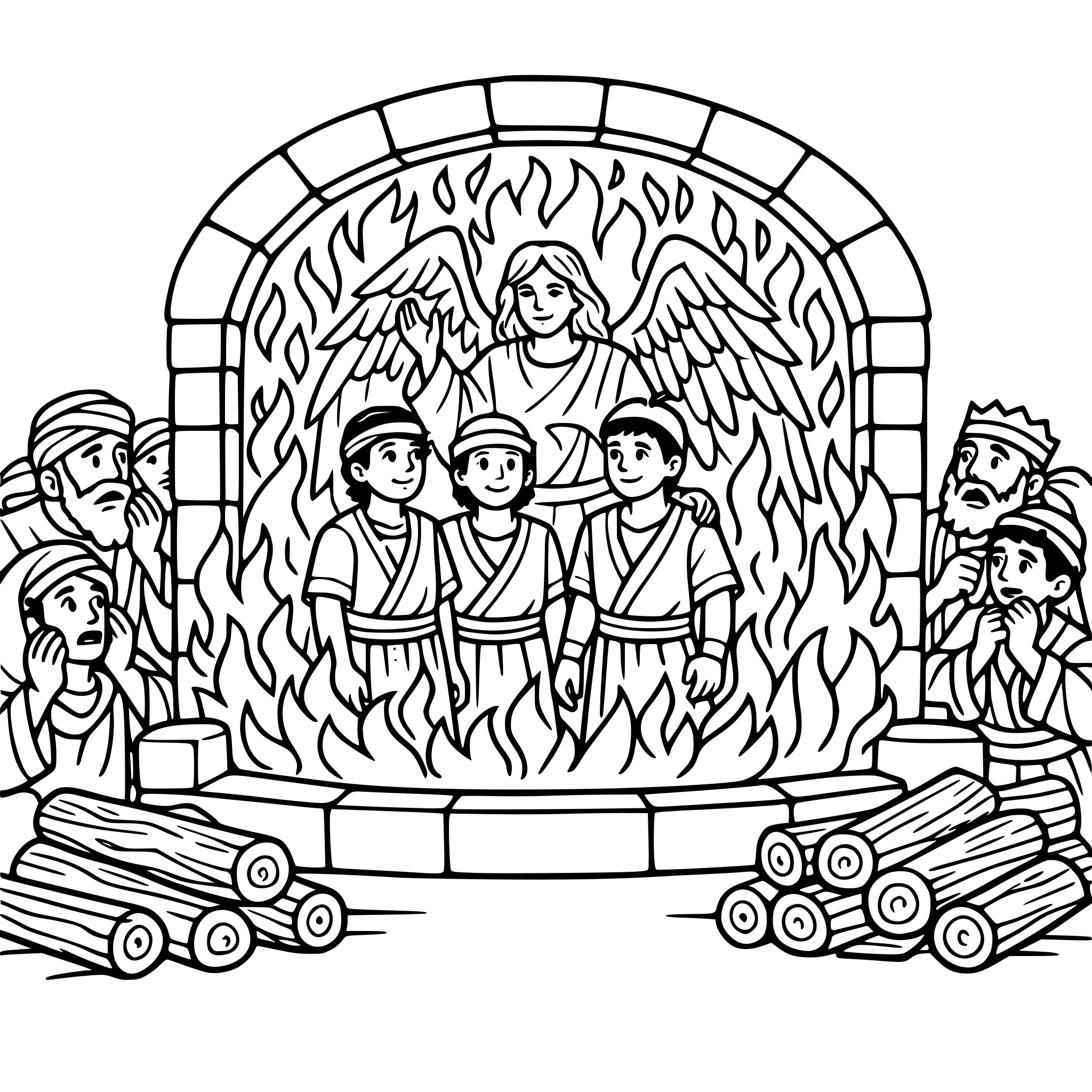 Show 3 teenage Hebrew boys in a big furnace surrounded by flames but not hurt. Include an angel in the fire with the 3 teen boys. Have onlookers outside of the furnace looking worried, include logs of wood stacked outside the furnace and a concerned crowd