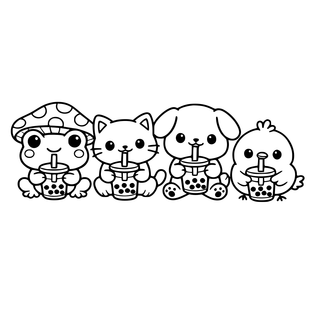 a cute kawaii frog with a mushroom hat next to a kawaii cat, dog, bird all drinking boba tea