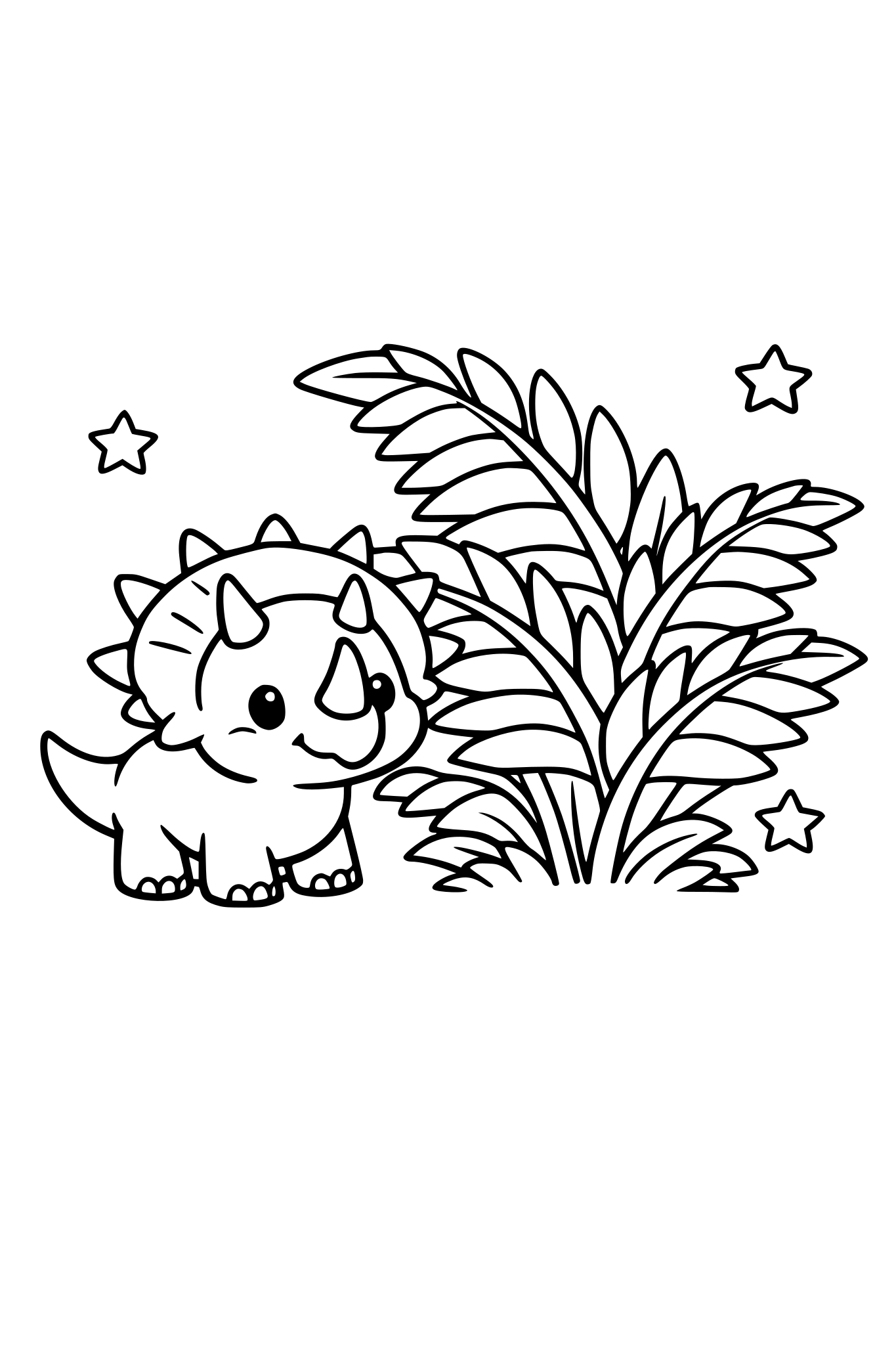 mały słodki, styrakozaur stoi obok gigantycznej paprotki, obrazek dla małych dzieci, bez szczegółów, bez tła