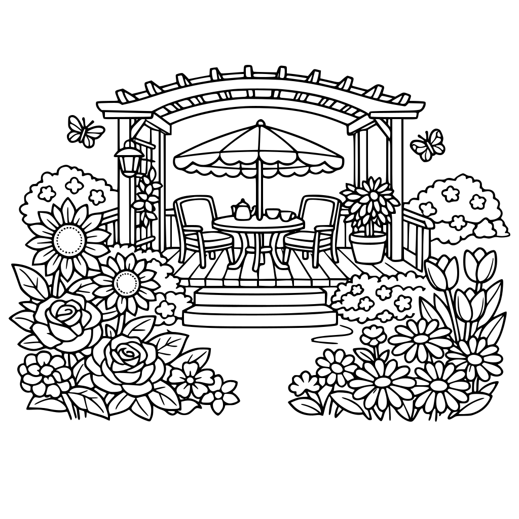 un jardín de flores y una linda terraza