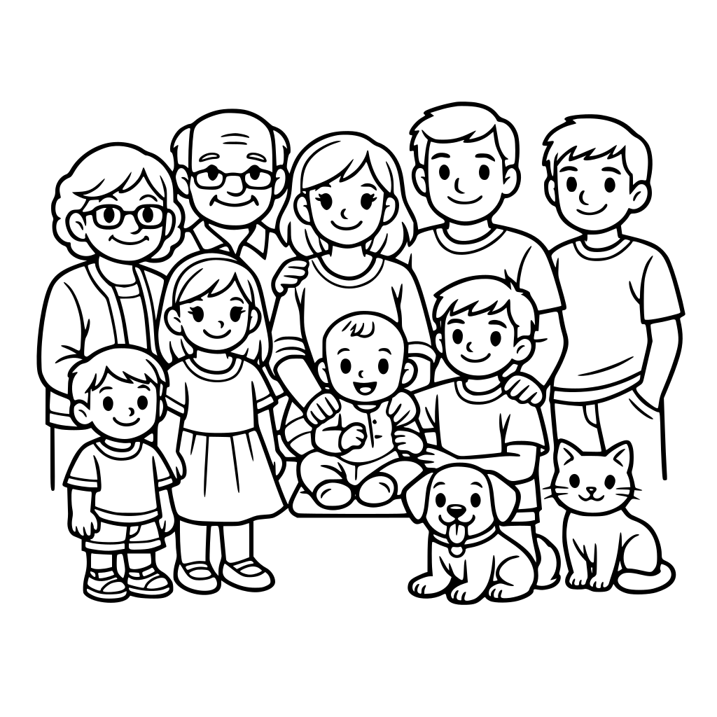 eine familie mit allen mitgelidern oma opa mama papa tochter klein und groß bruder klein und groß und baby hund katze