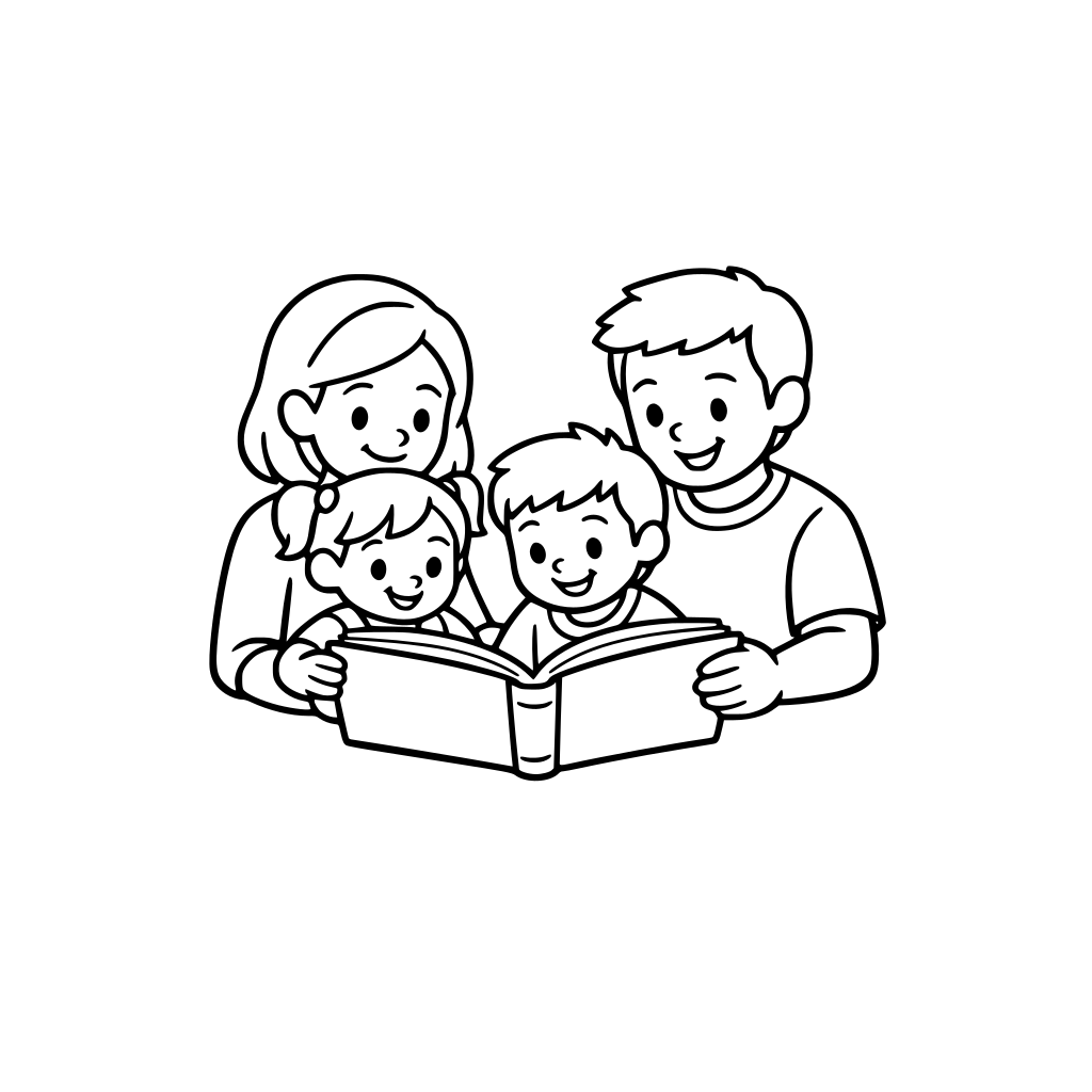 coloring page of a family (mom, dad, sister, brother) reading a book. no title. make it easy for preschoolers to color