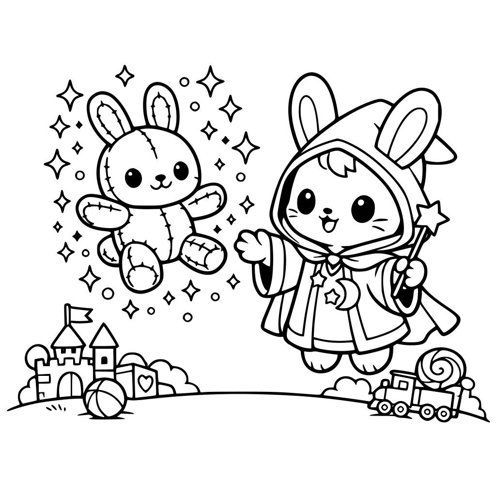 cartoon and kawaii-style bunny in a magic robe levitating toy bunny plush — plush floating, sparkles around on toy land