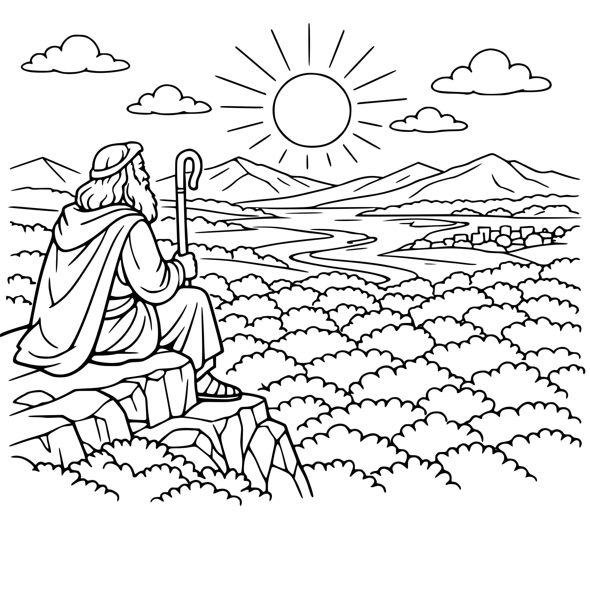 Create an image of Moses sitting up on a cliff, looking over into the promised land. Have a field full of green lush bushes and trees