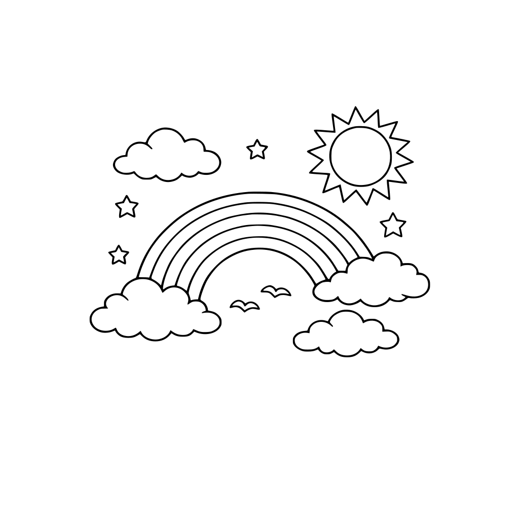 Sentence: “I see a rainbow.” • picture of rainbow in the Sky with clouds and sun.