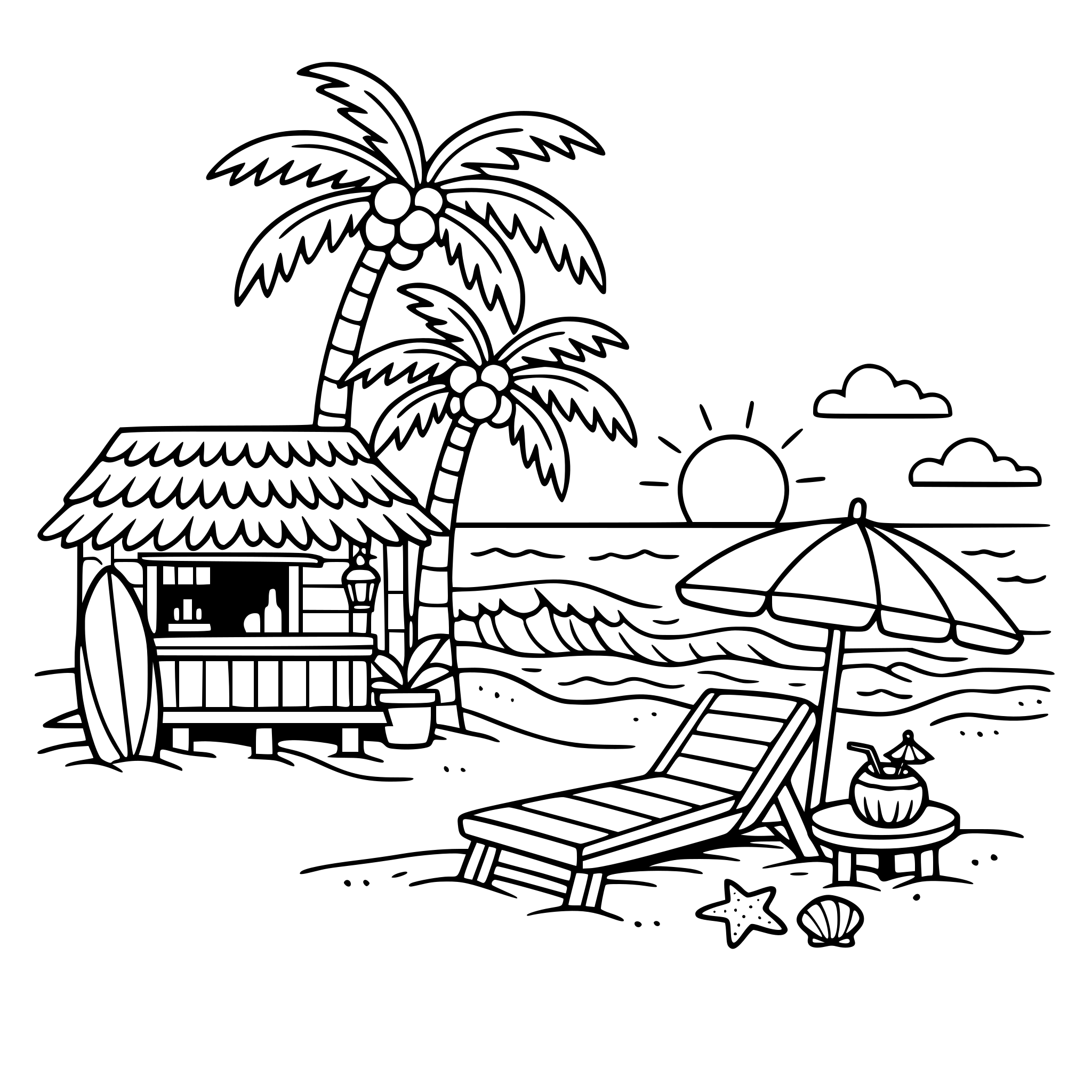 cute cozy simple Goa Relaxing beach shack scene with palm trees, waves, umbrella, and beach chair.