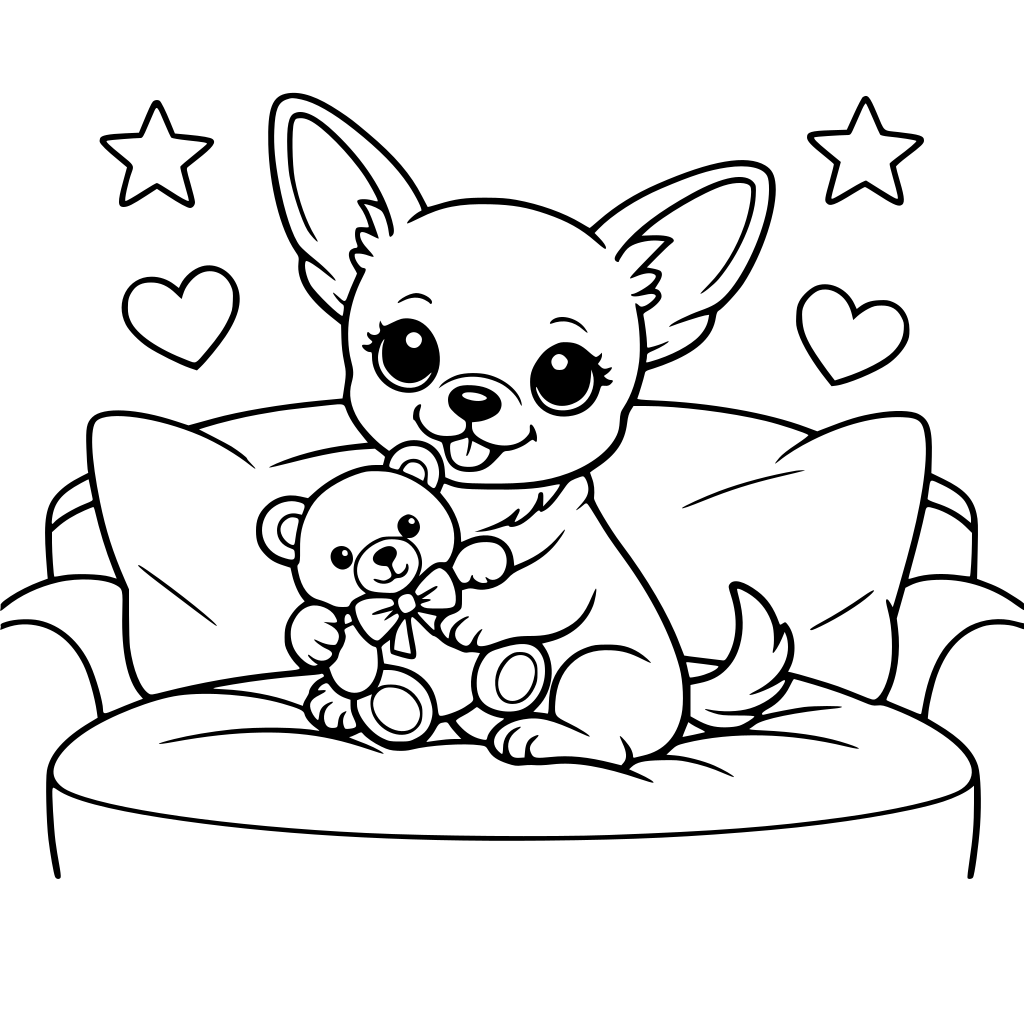 uma chihuahua com um ursinho de pelucia no sofa