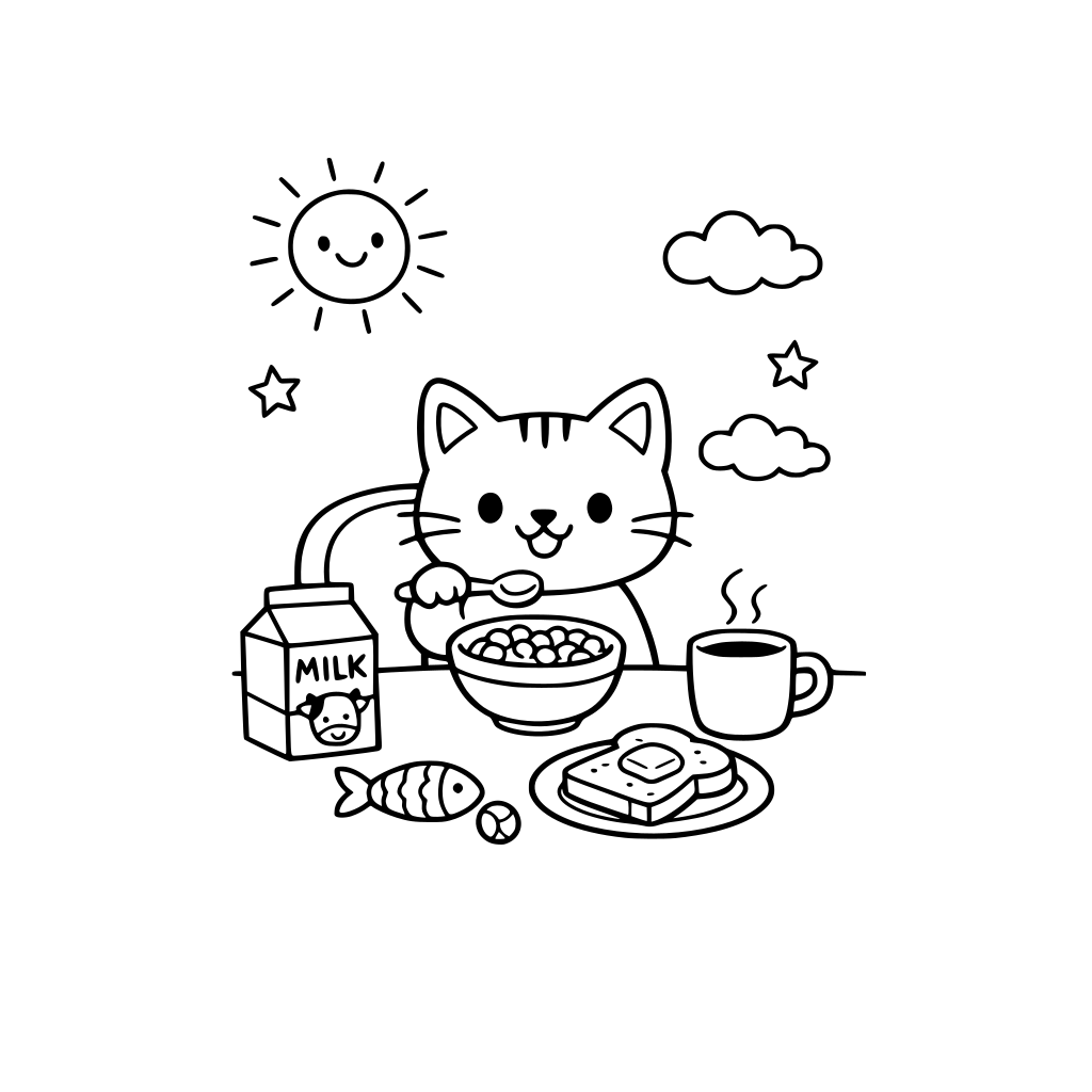 make me a coloring book about cat adventures and capture daily activities of a cat. Keep it simple and easy to color