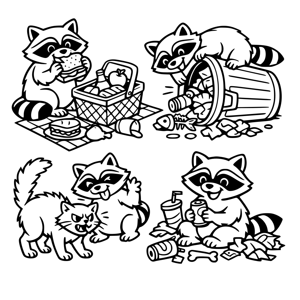 A coloring book depicting a Racoon getting up to mischief. Stealing food from a picnic, tipping over garbage cans, teasing the neighbor cat, leaving trash everywhere.