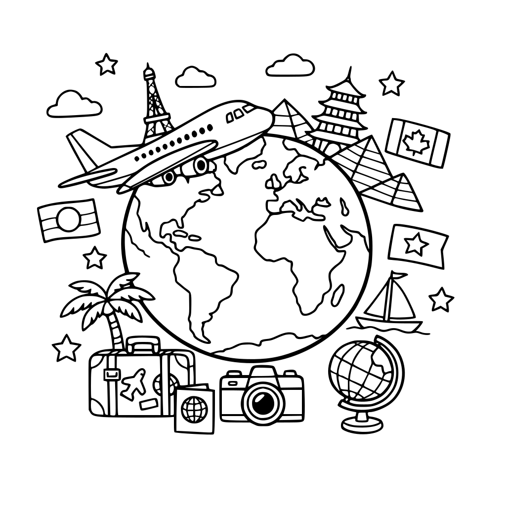 Reis rond de wereld, vliegtuig, landen, vlaggen, continenten, ...