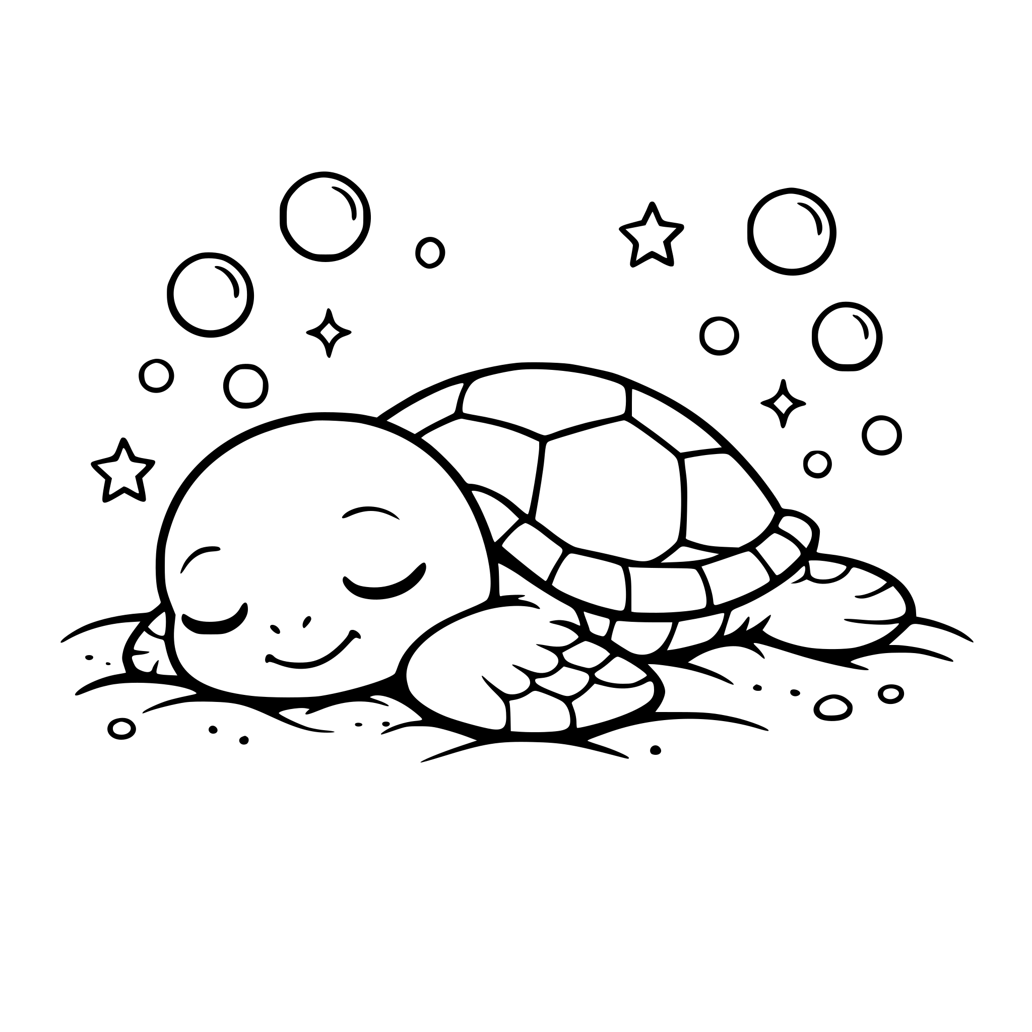 A baby sea turtle sleeping peacefully on the sand with tiny bubbles