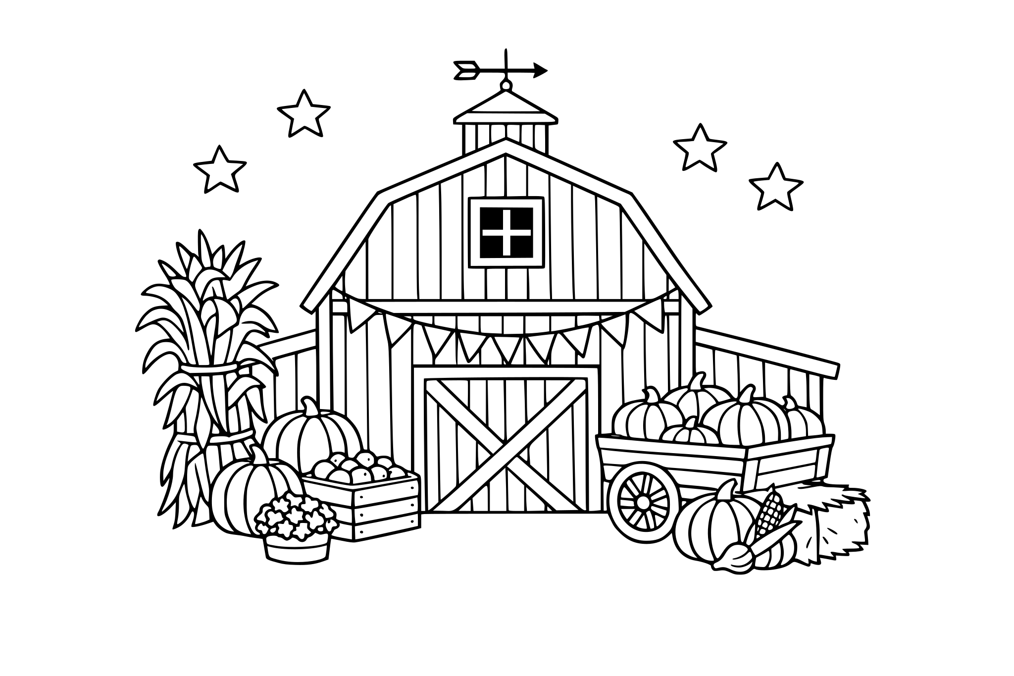 Barn with autumn decorations, minimalistic line.