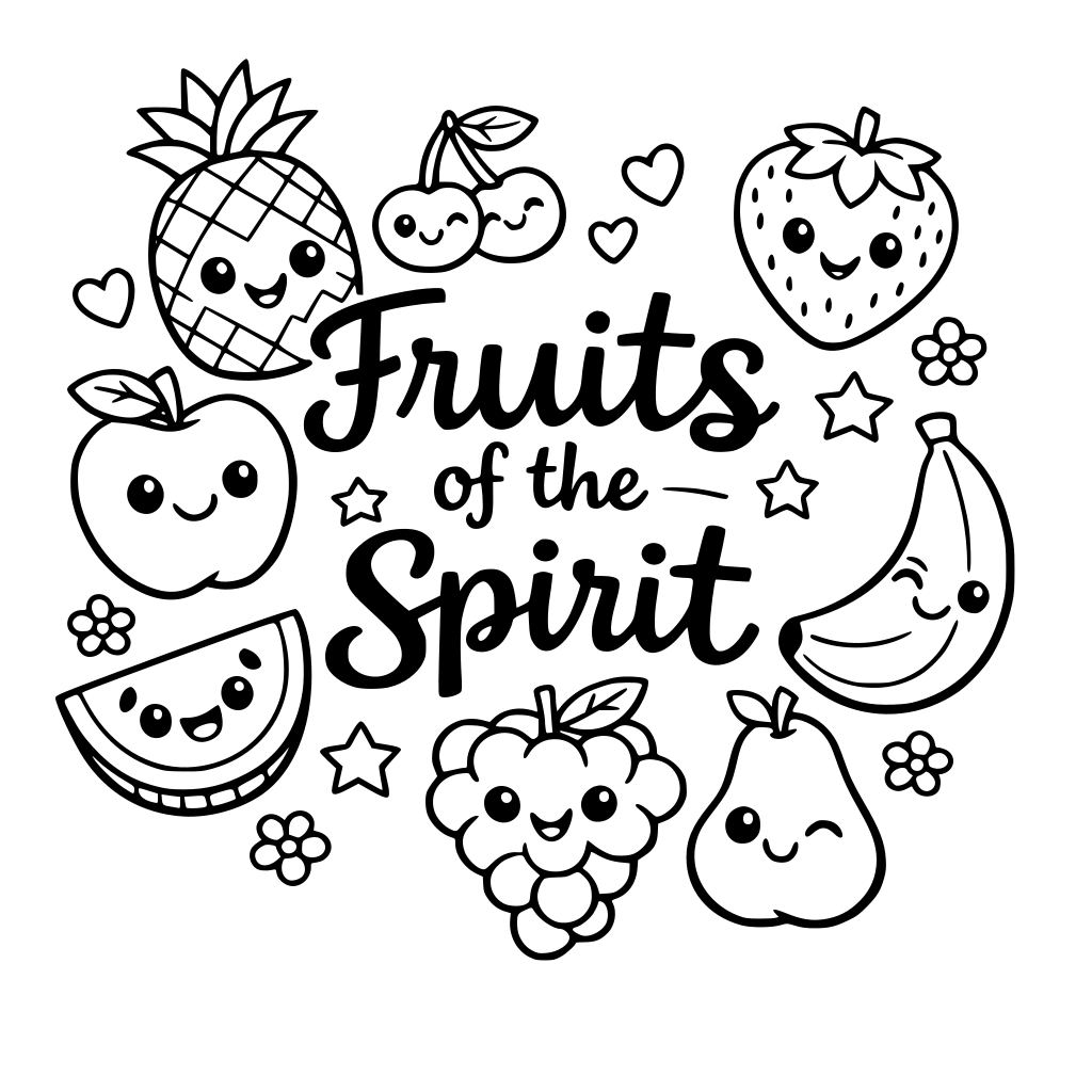 Cute Fruits surrounding the words "Fruits of the Spirit"