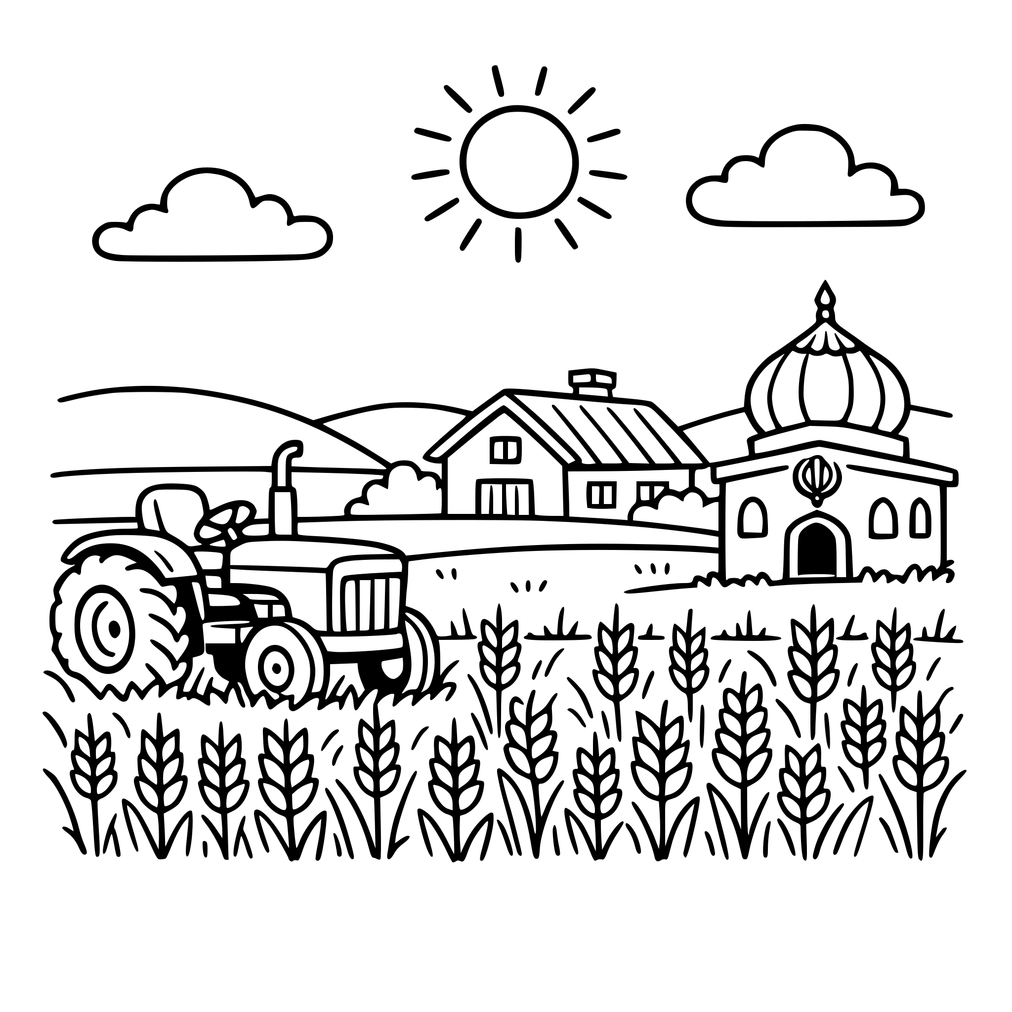 Cute cozy simple Punjab Golden wheat farm with tractor, farmhouse, and small gurudwara dome.