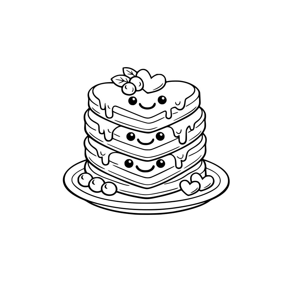 A stack of pancakes shaped like hearts with syrup smiles.