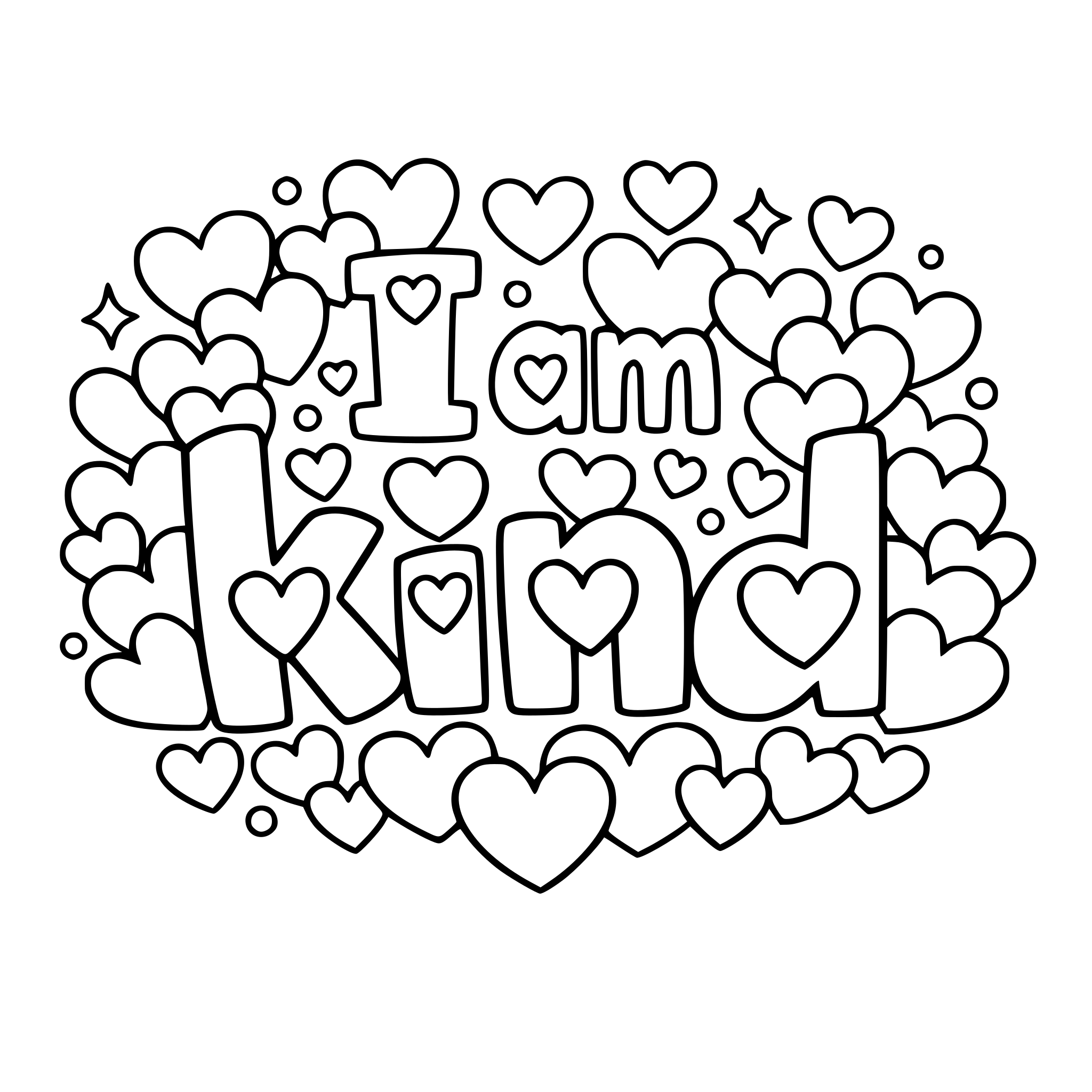 "I am kind" coloring letters with hearts around the letters.