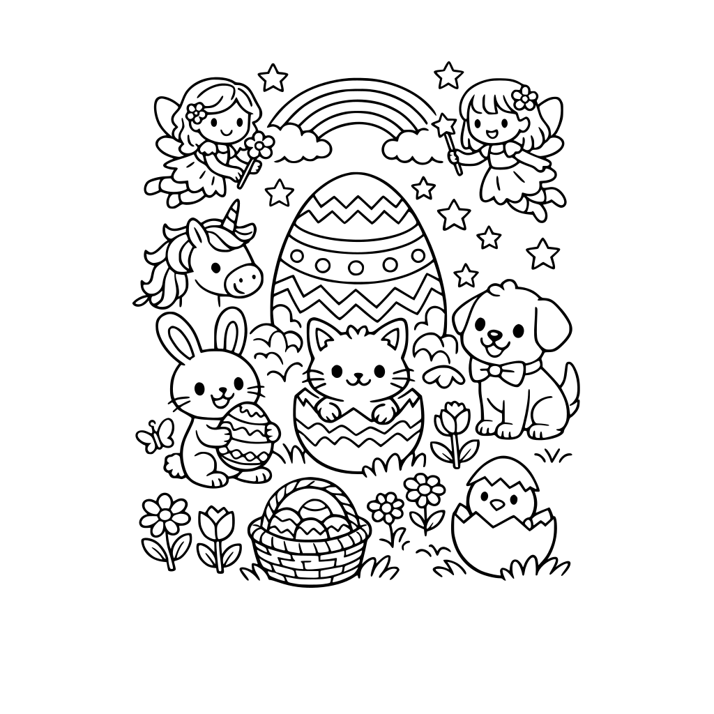 Create an easter coloring book, filled with fairies, rainbows, stars, flowers, unicorns, rabbits, dogs, and cats. Make it whimsical and fun for a 5 year old.