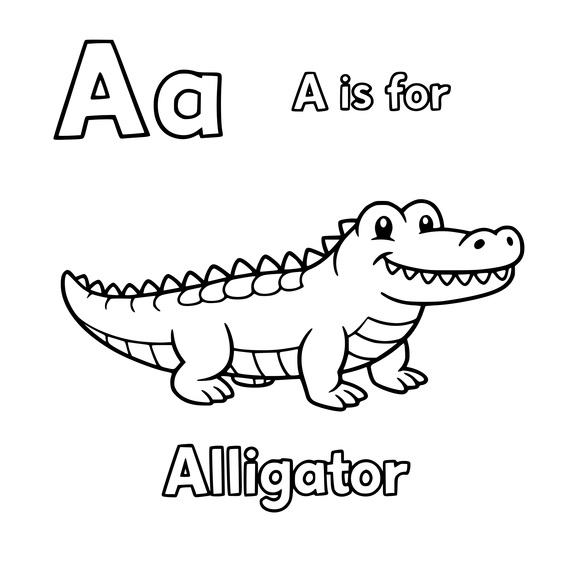 Alphabet coloring book with upper and lower case with quick description and the word for an animal or object that matches the letters