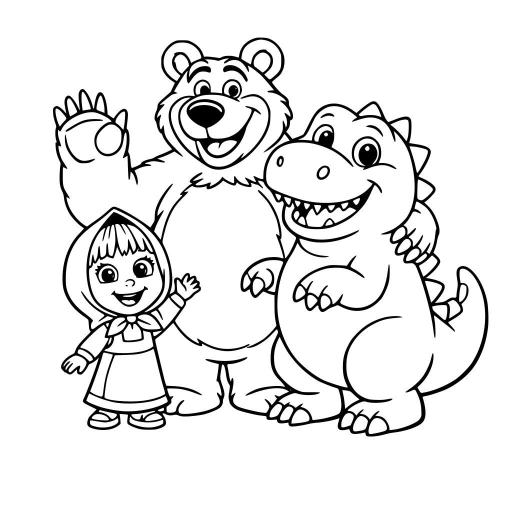 Masha y el oso junto a el dinosaurio amarillo nailong