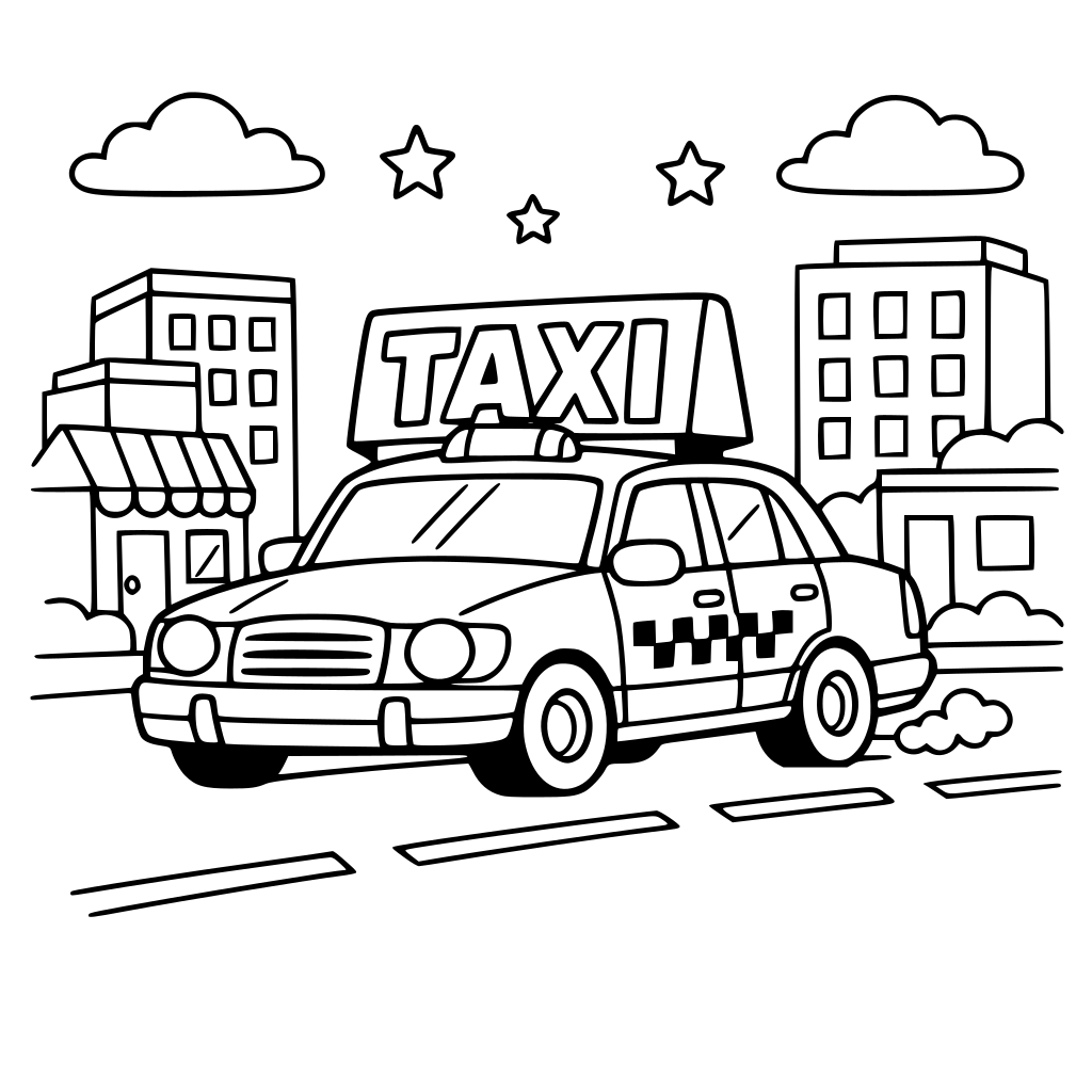 taxi with a big “TAXI” sign, driving past simple buildings.