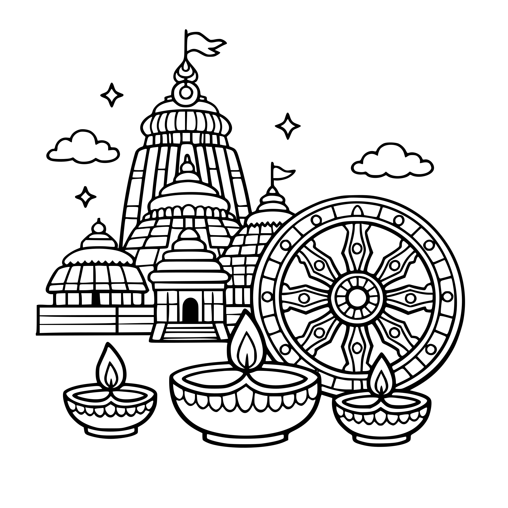 Cute cozy simple Odisha Jagannath temple scene with temple tower, chariot wheel, and diyas.