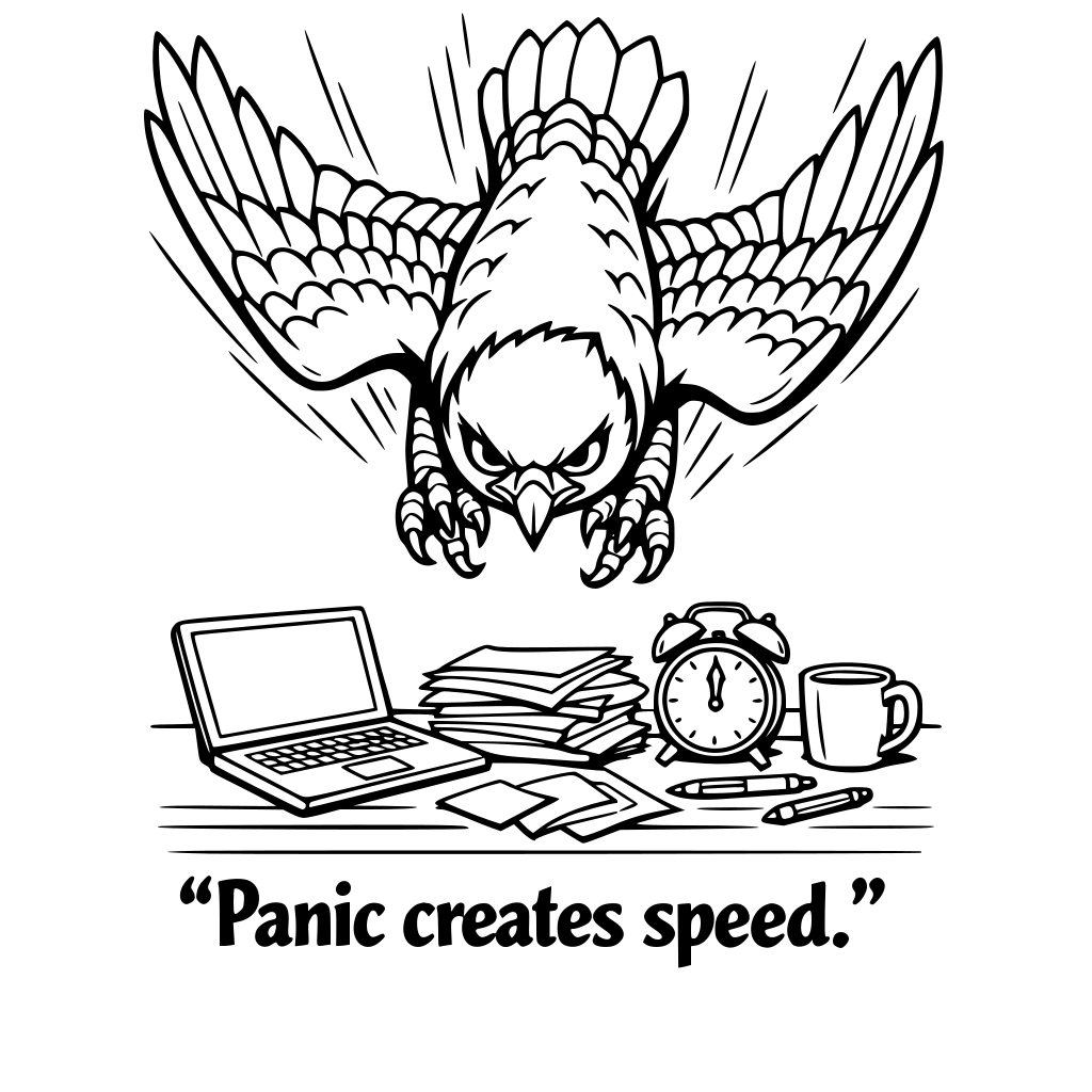 Falcon – Deadline Dive Expression: Sharp focused eyes Pose: Fast downward motion toward desk Quote: “Panic creates speed.”