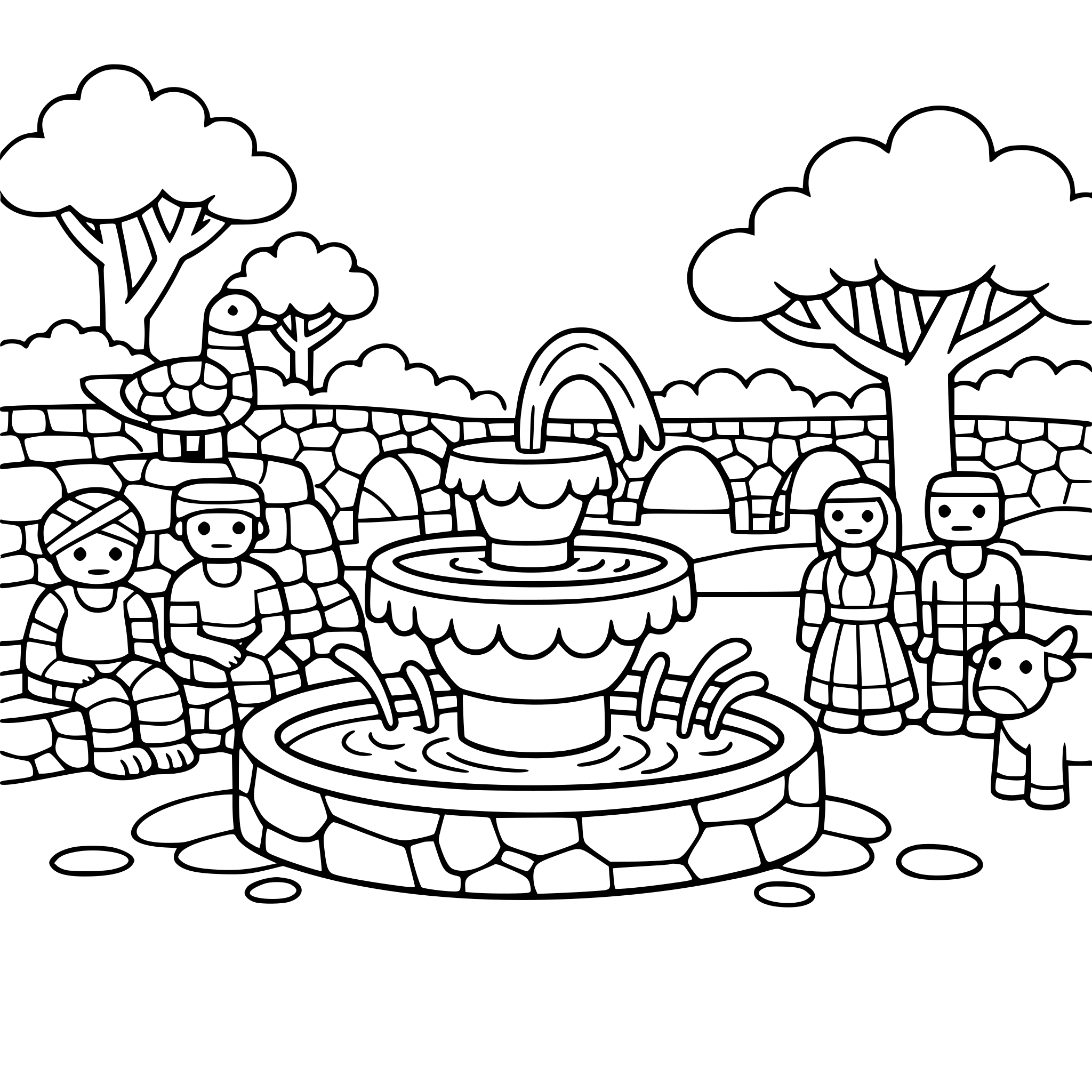 Cute cozy simple Chandigarh Modern garden scene with Rock Garden sculptures, trees, and fountain.