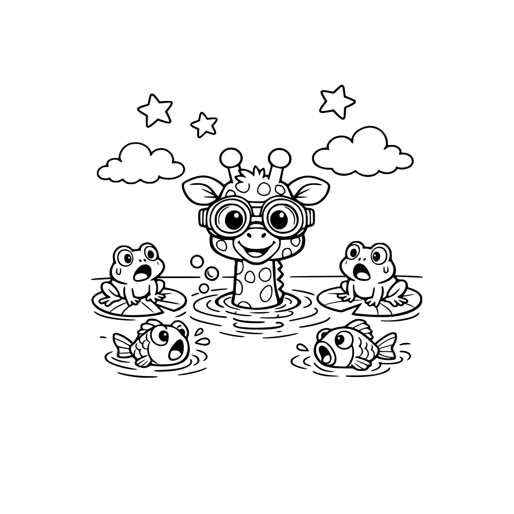 A funny tiny giraffe with googles inside a pond with suprised fish and frogs