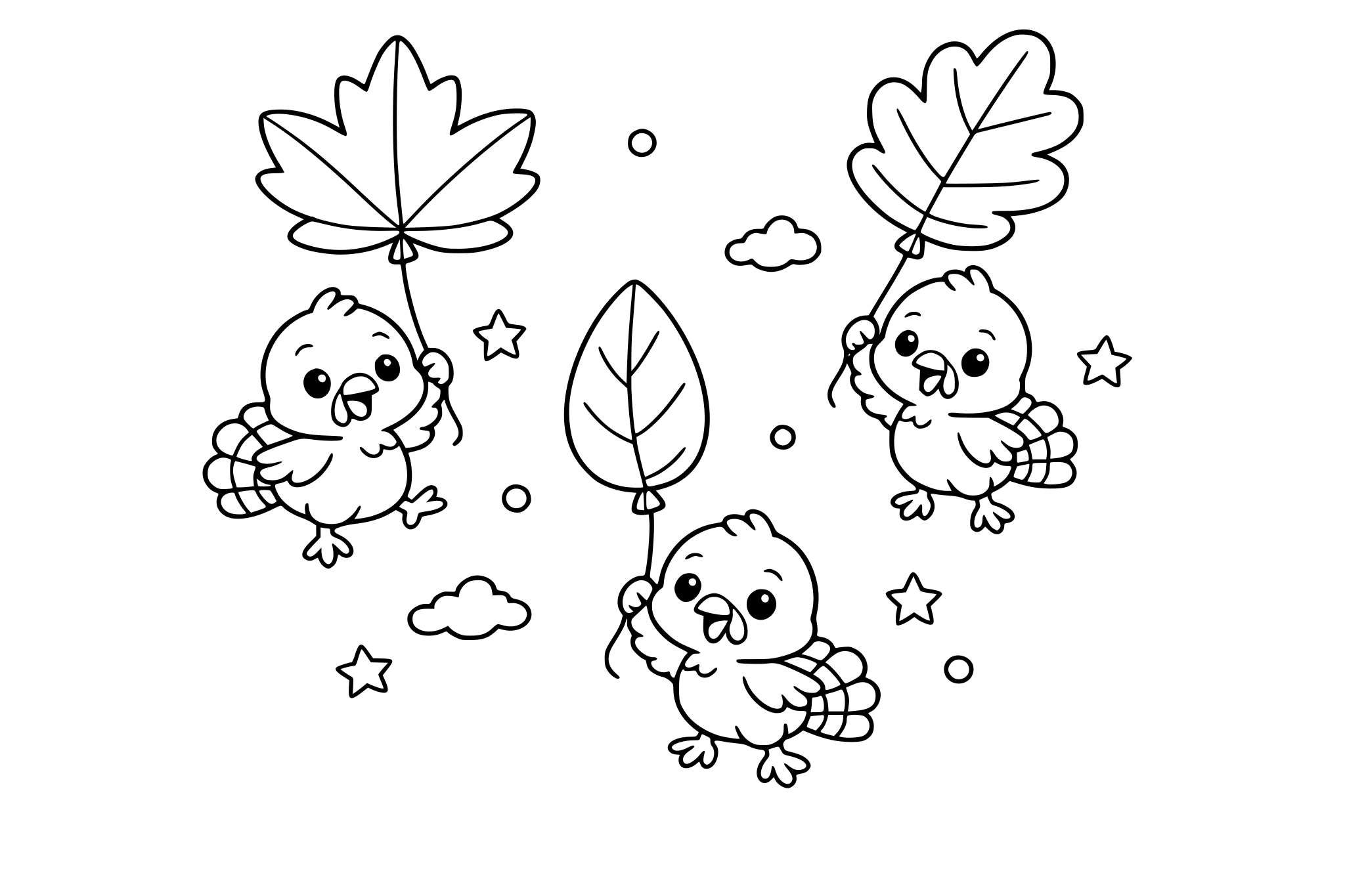 Baby turkeys floating with balloons shaped like leaves. Keep rounded shapes + minimal line weight variation.