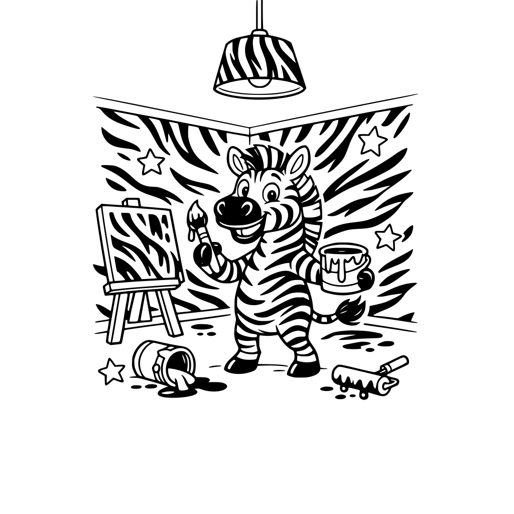 A funny zebra who tried painting but only made more stripes… now the whole room has zebra stripes.