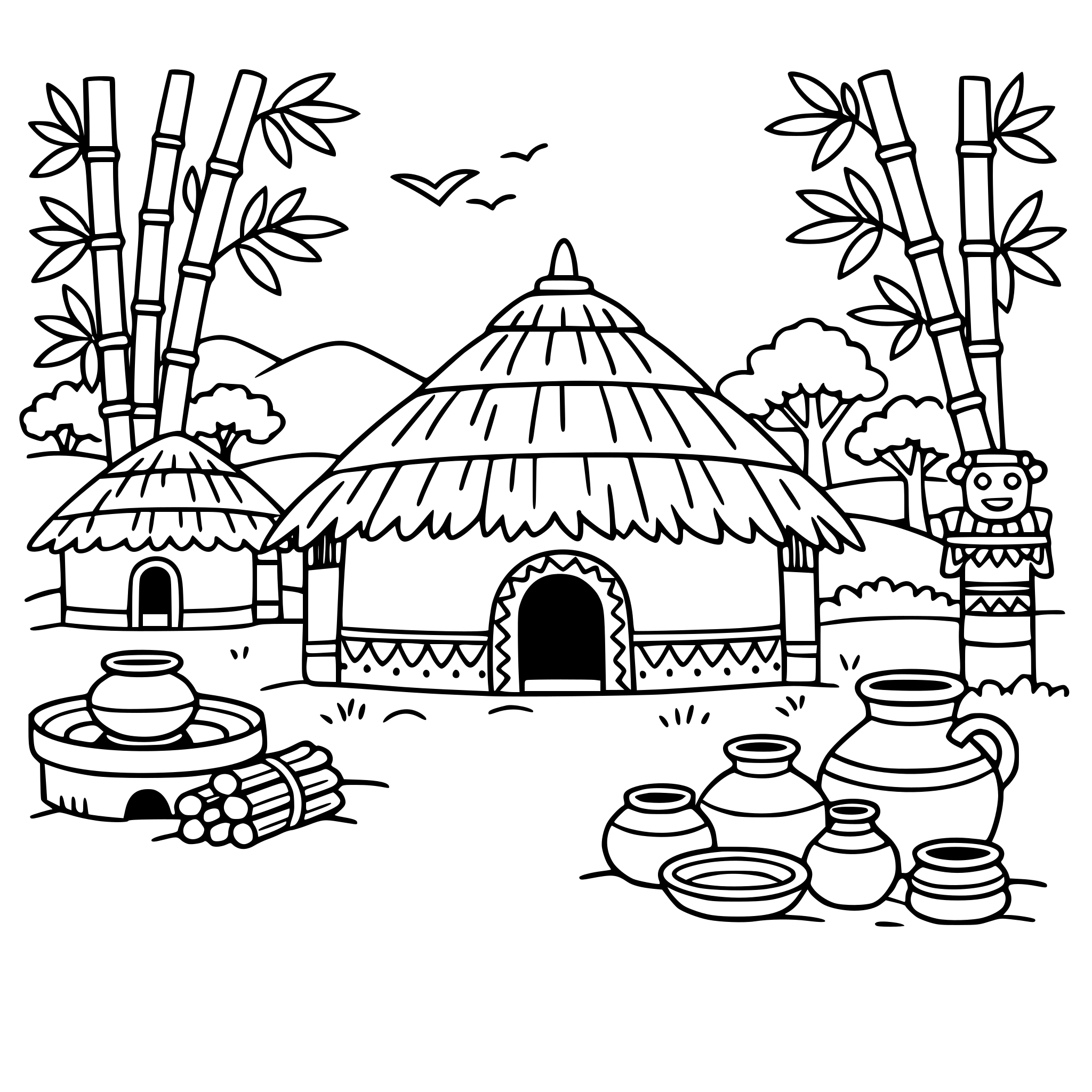 cute cozy simple Chhattisgarh Forest village with tribal hut, bamboo trees, and village pottery.