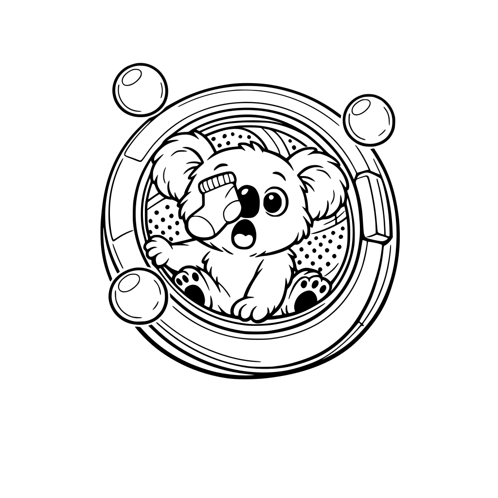 A cute koala sitting inside a front-loading washing machine drum that is slightly tilted as if spinning. The koala looks surprised with wide eyes and open mouth. One sock is stuck to its face. A few big soap bubbles floating around. Simple. Huge visual.