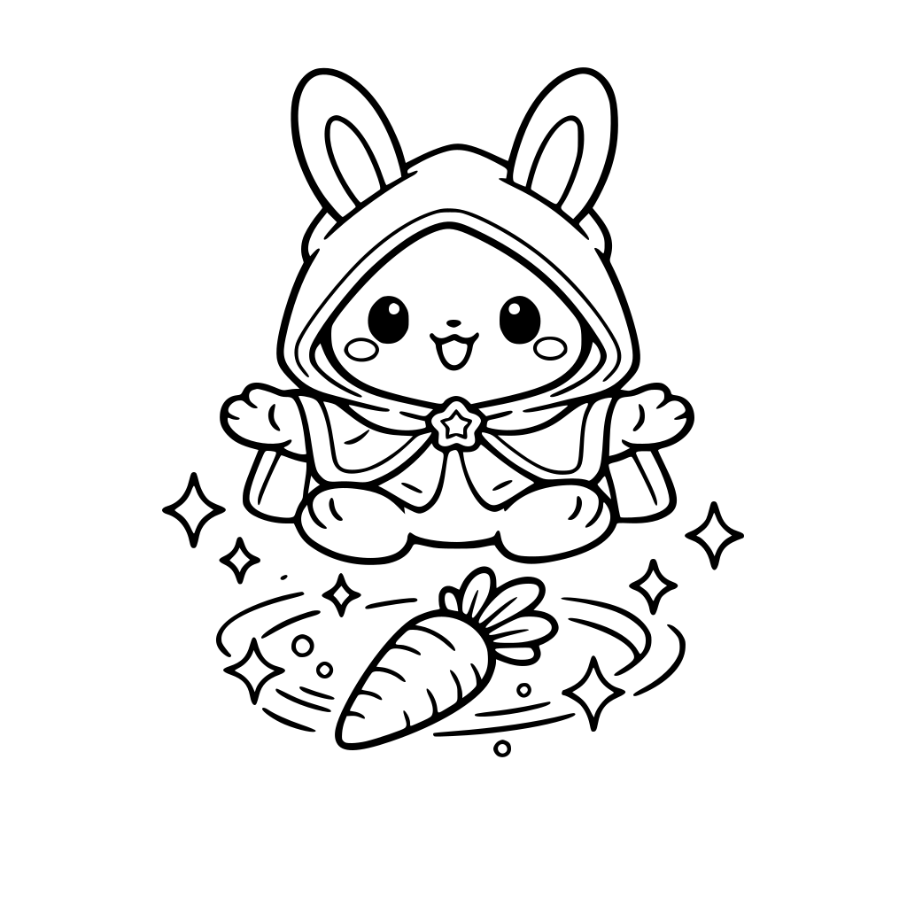 make cartoon kawaii style art of Bunny wear magician hood levitating a carrot — carrot mid-air, sparkles circling.