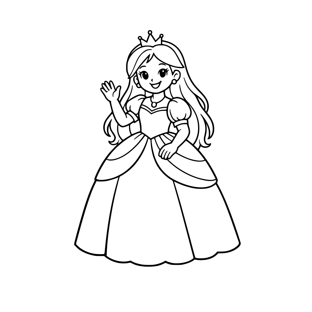 A kind princess with long hair and a big dress, waving and smiling, simple coloring book page, thick bold outlines, black and white, no shading, no gray, no color, clean line art, for kids, white background