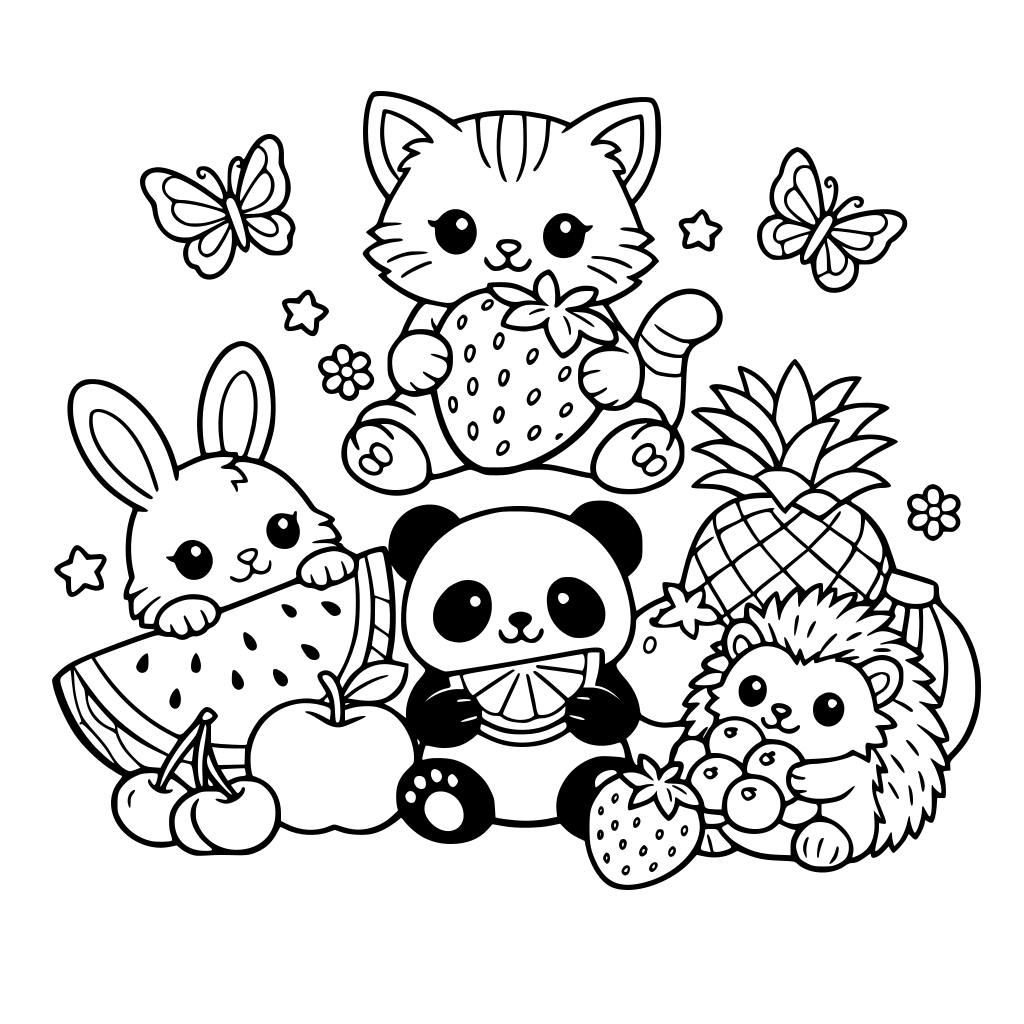 Cute animals and fruits and butterflies
