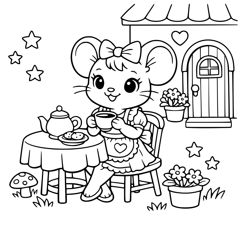 cute, female, anthropomorphic mouse, wearing a cute apron, sitting at a small table in front of her house and holding a cup of tea.