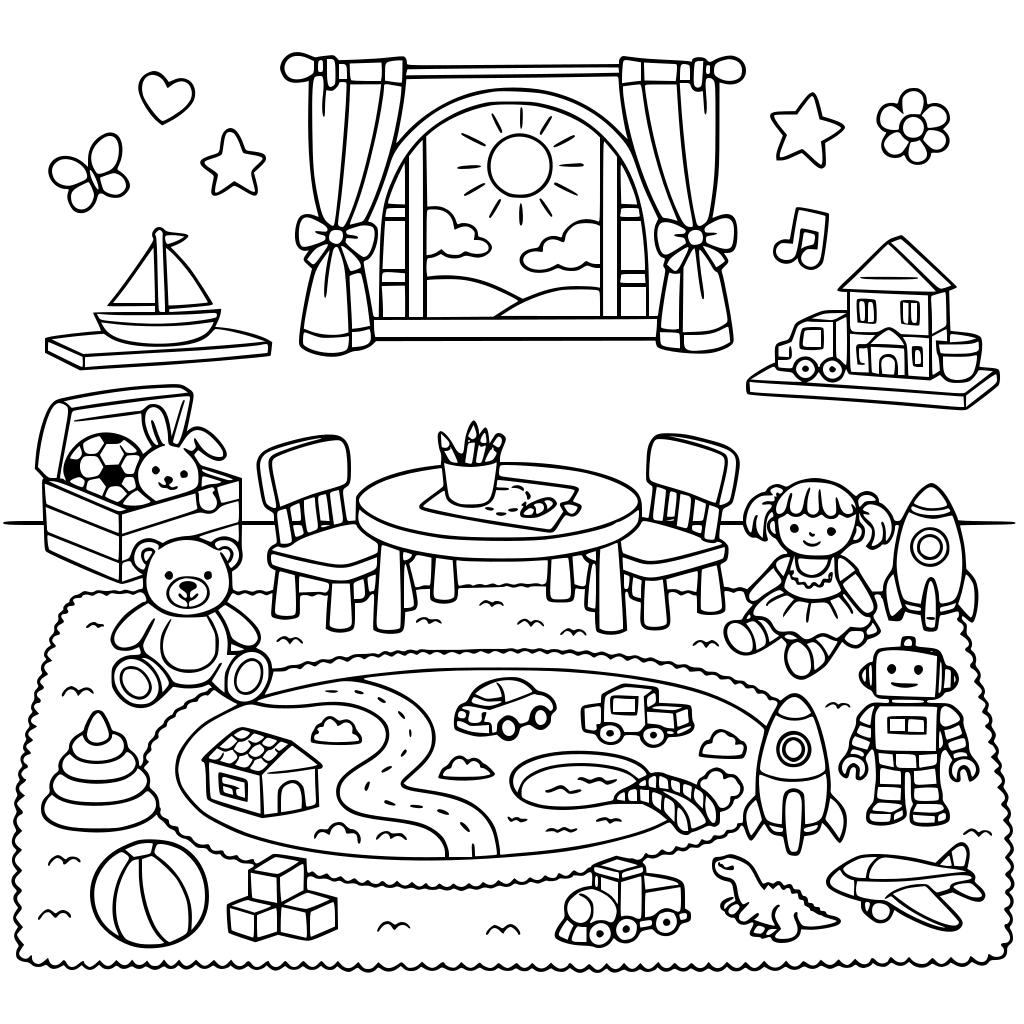 make a room full of toys of boys and girls. Make a cute window and a pattern easy to paint on the wall. Make a carpet where kids can play and a little table with chairs