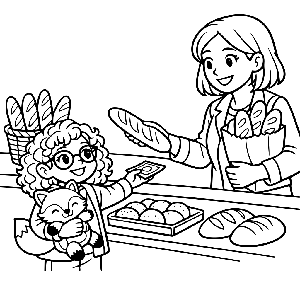 Une petite fille aux cheveux bouclés et des lunettes, son doudou renard dans les bras qui achète du pain avec sa maman.