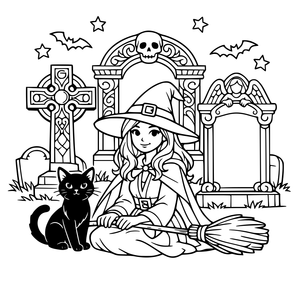 A witch and cat in a grave yard with ornate stones