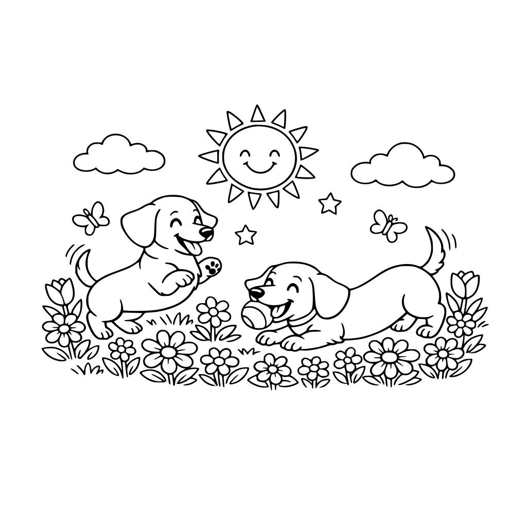 2 teckels die spelen, het is lente, ze zijn blij, er zijn veel bloemen, een zon