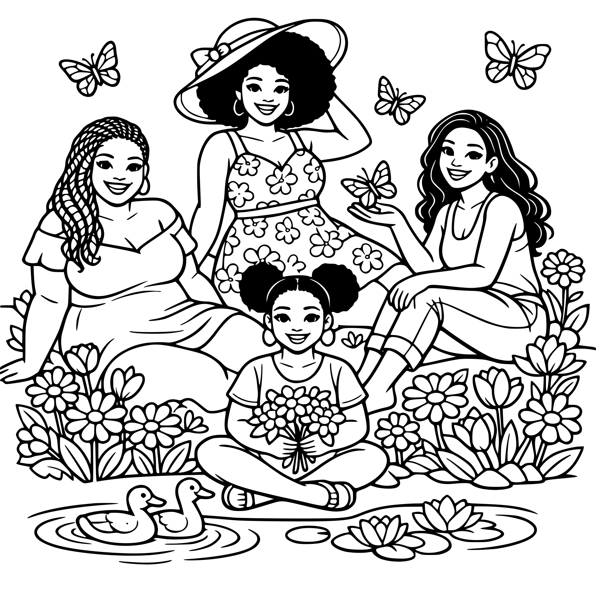 A spring-themed coloring book celebrating African American women of all shapes, sizes, hairstyles, and skin tones, surrounded by flowers, butterflies, gardens, and peaceful spring settings.