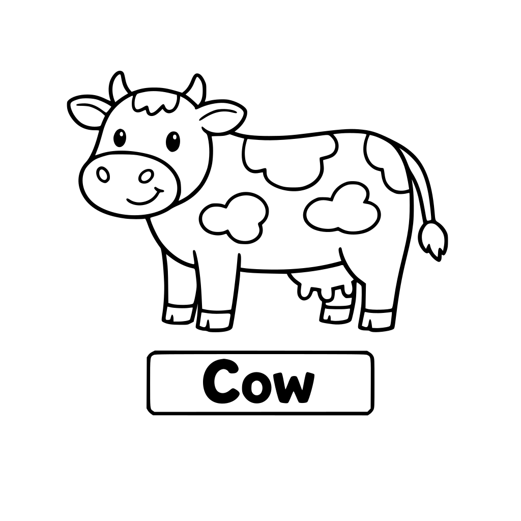 one farm animal per page, easy to color in for a young kid. add the name of the animal in a text box below the animal