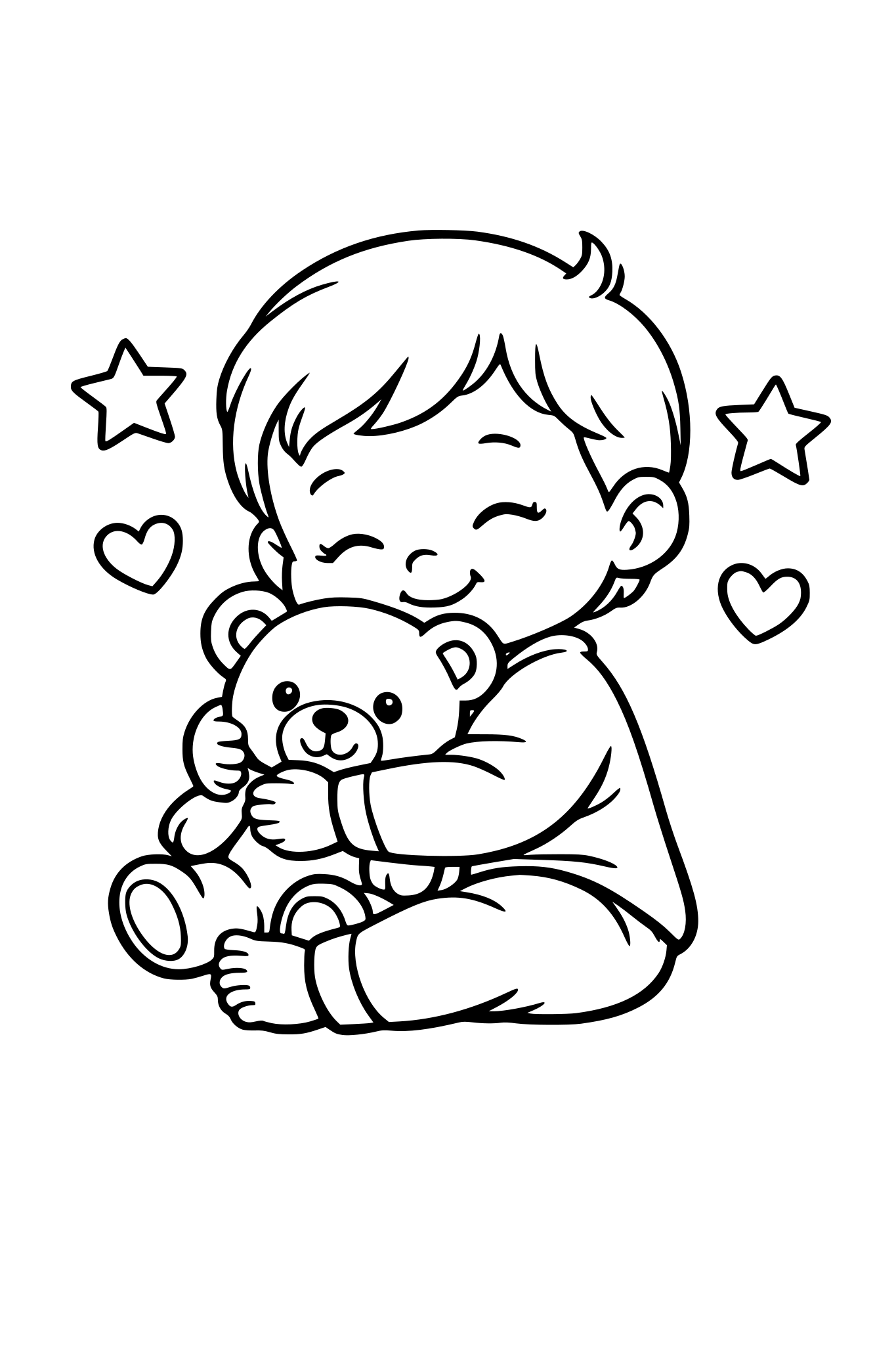 Kid hugging a teddy bear, cute toddler coloring page