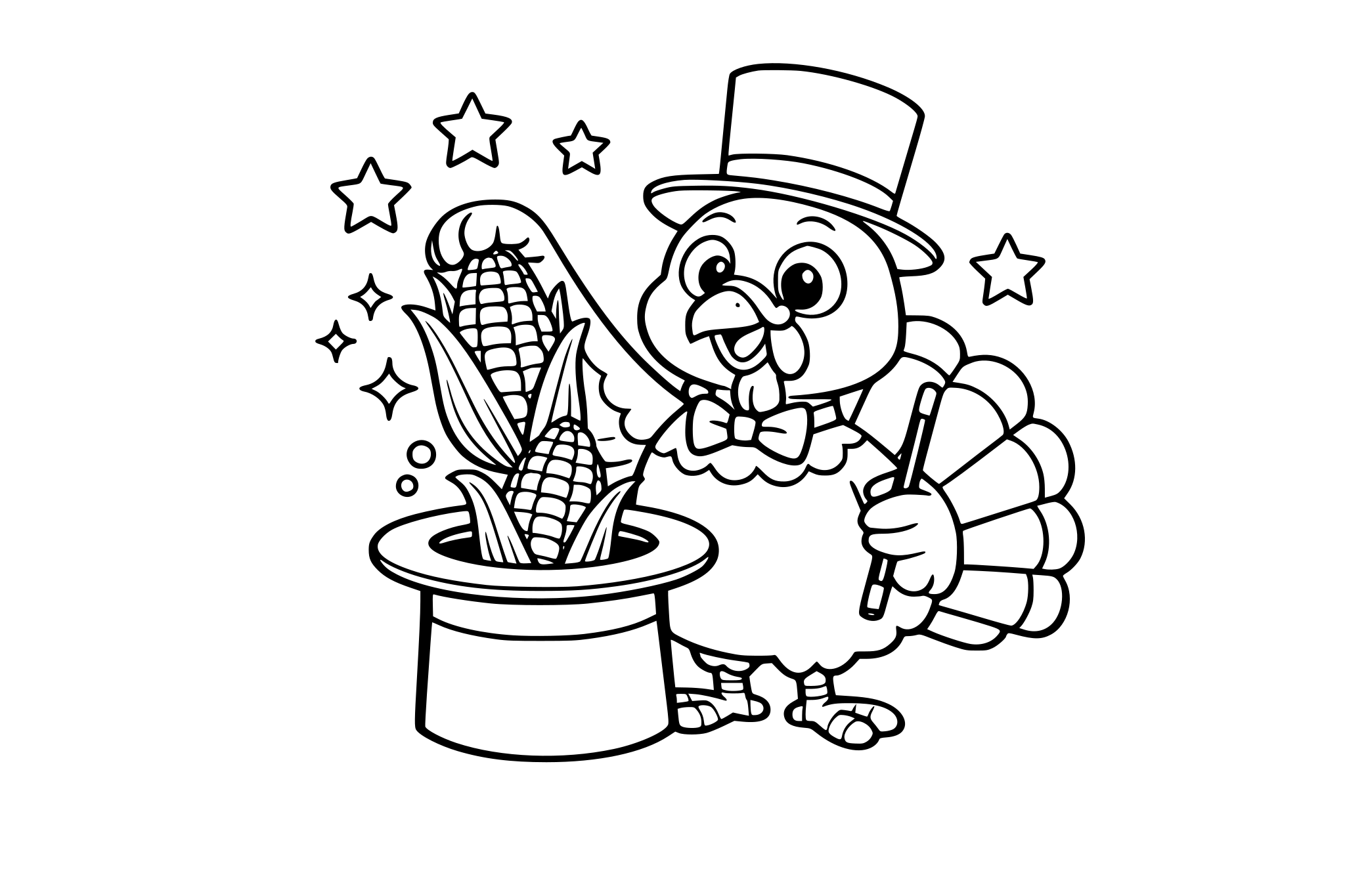 Turkey magician pulling corn from a hat. Keep rounded shapes + minimal line weight variation.