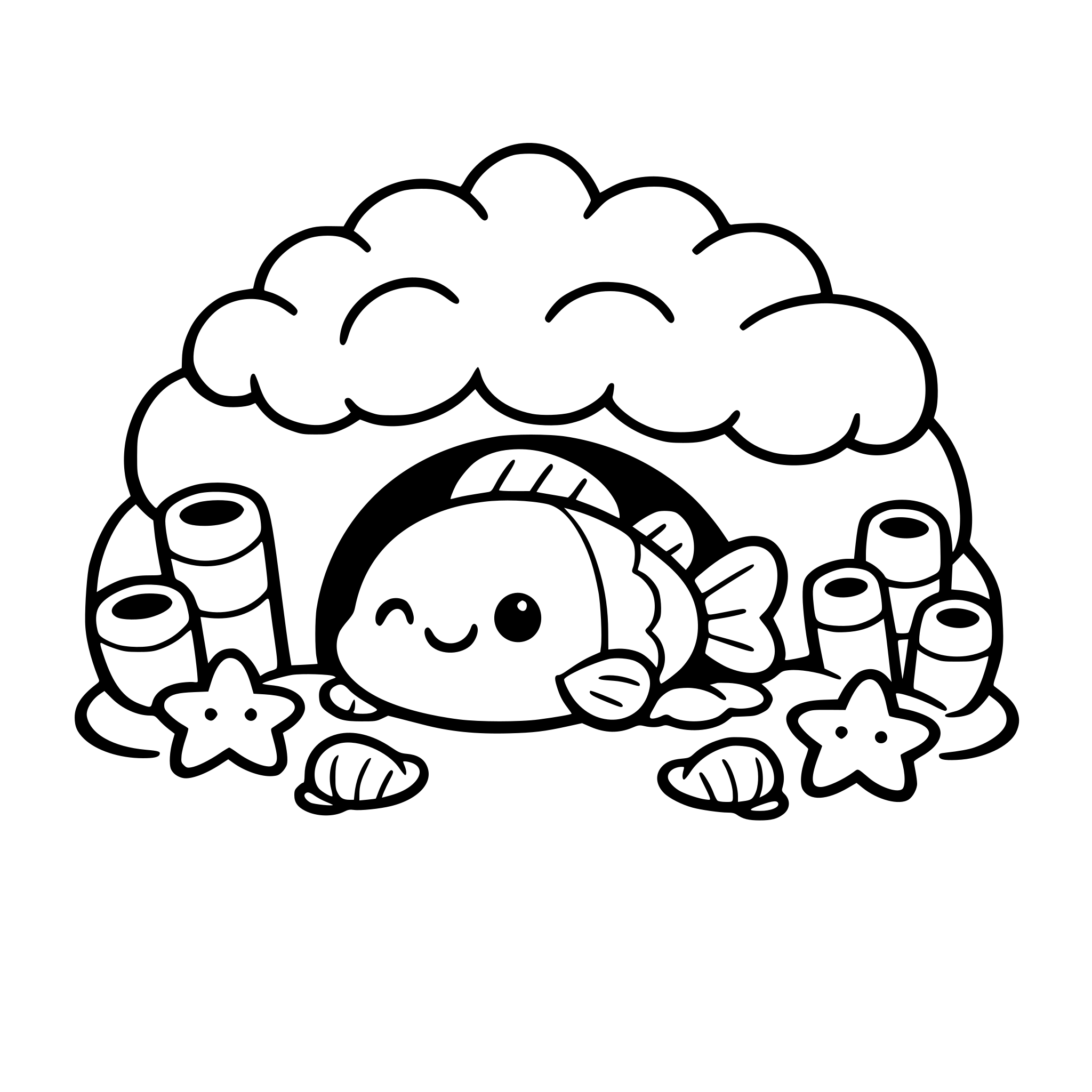 A cute small fish resting inside a cozy coral home, smiling, soft rounded shapes, minimal details, bold thick outlines, black and white, no shading, coloring book style for toddlers