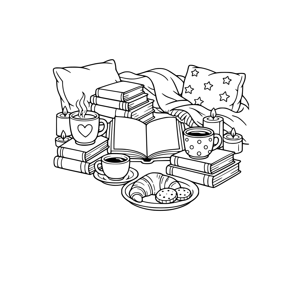 a cozy reading nook with coffee cups, mugs, open books, stacked books, blankets, pillows, pastries, and candles.