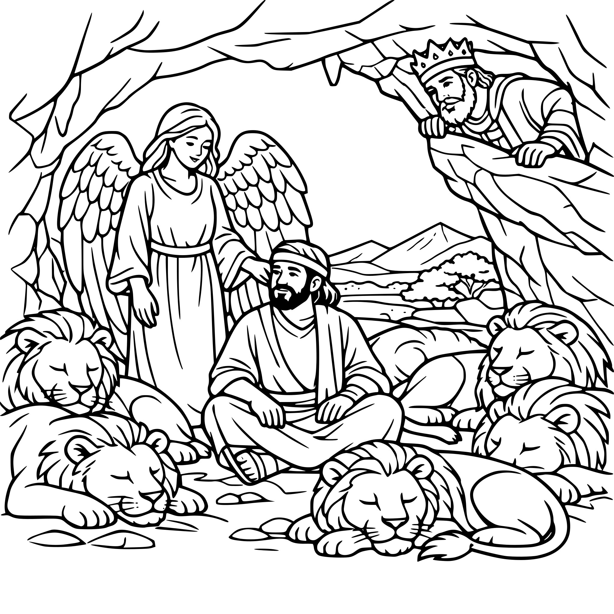 Daniel in the lions den safe and calm with sleeping lions around him, an angel near him and the king looking into the den. Make the den like a rock cave with landscape elements that match