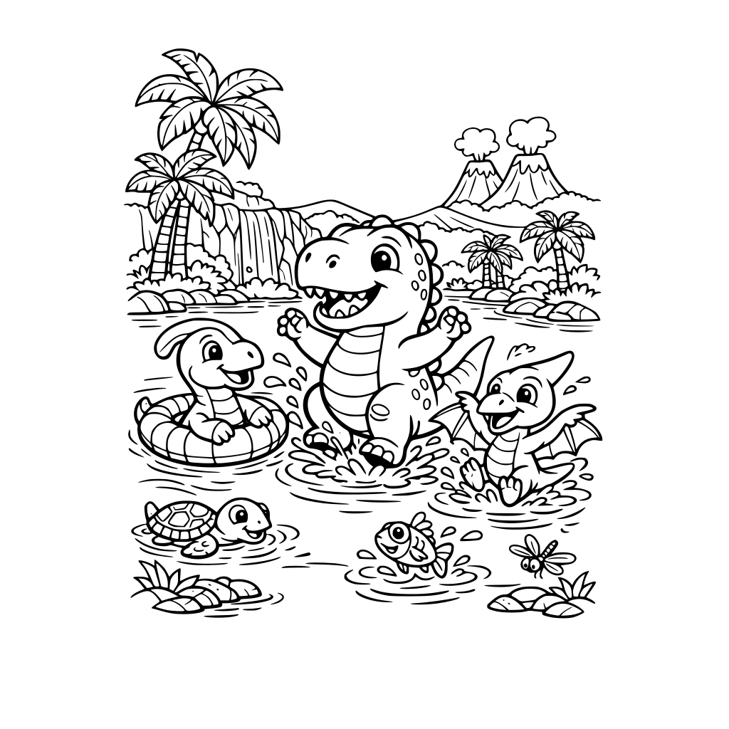 Portrait oriented coloring book page that is black and white with friendly dinosaurs. The image is zoomed out enough to show their full bodies and tails. Background is an oasis and they are playing in the water. Fill the whole page with great detail to the top and bottom borders.