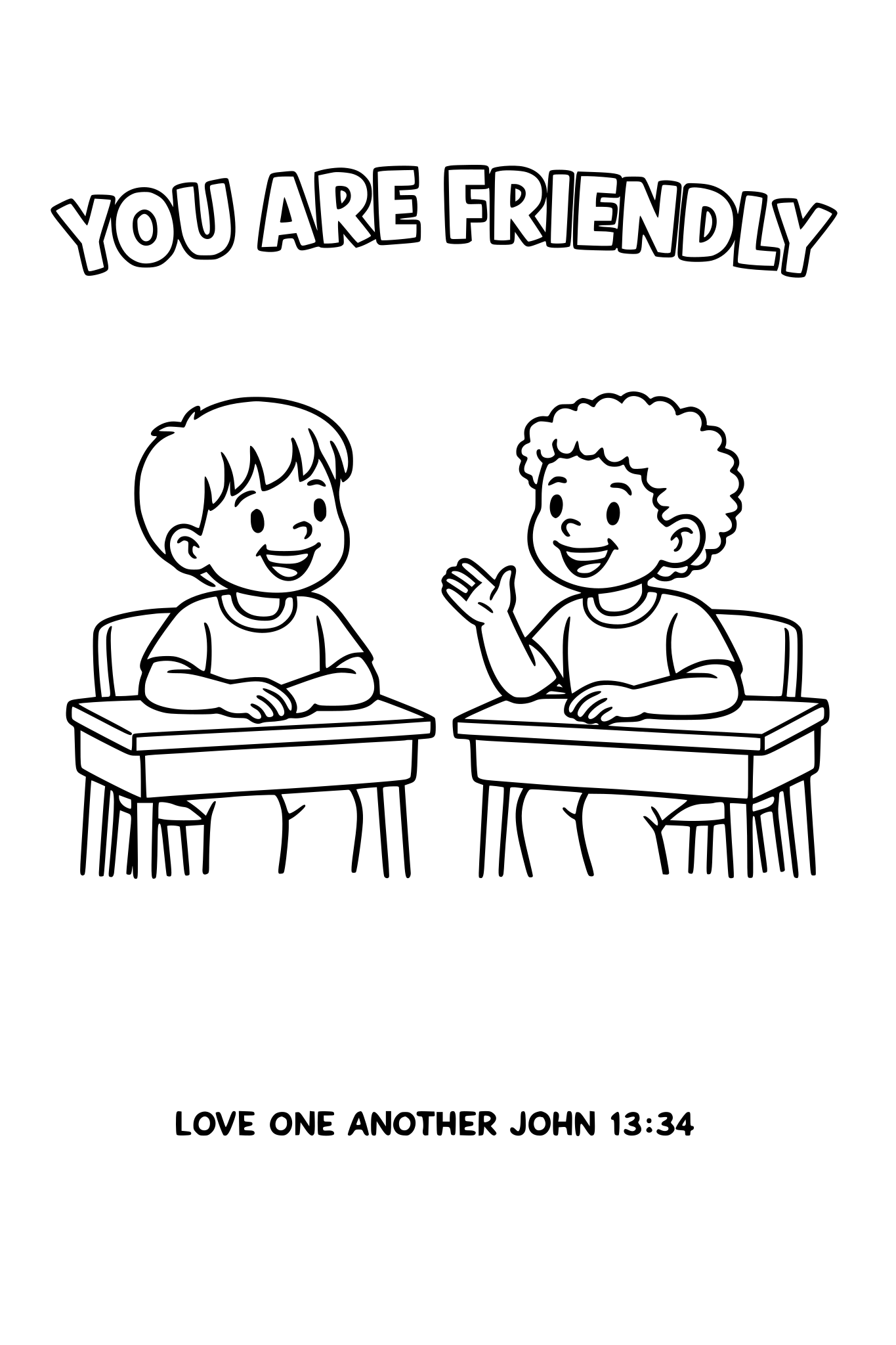 Black and white coloring page, simple kids line art, 2 child