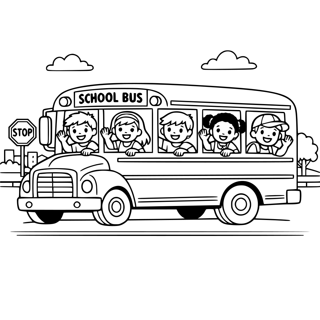 school bus with kids waving from the windows, simple street background.